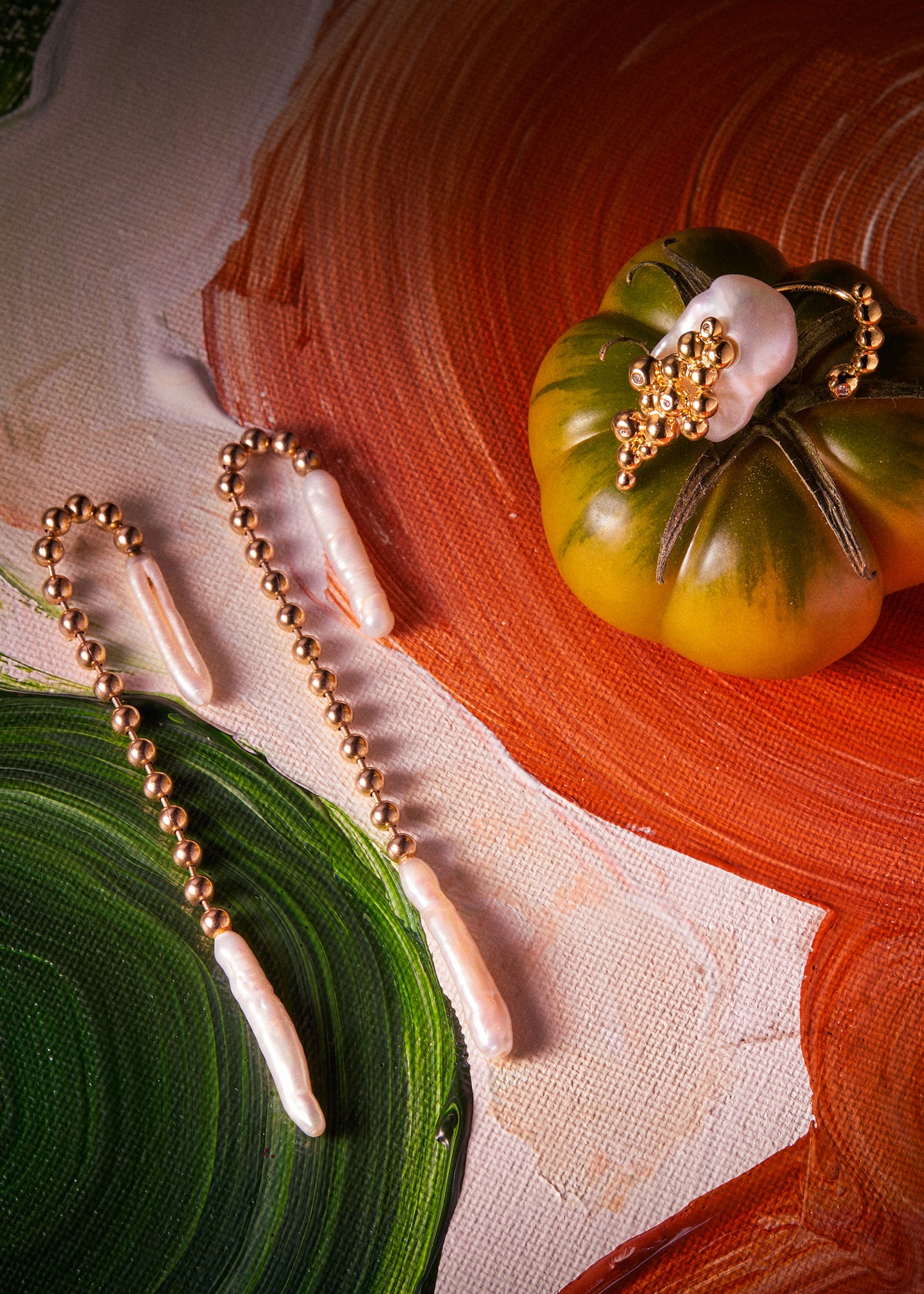 Solomeina Serendipity Ring with Baroque Pearl and Diamonds paired with Serendipity Earrings